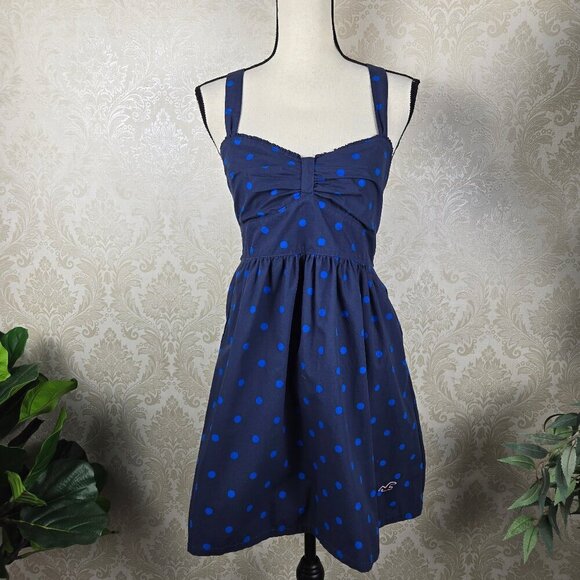 Hollister Sz Large Navy Blue/Bright Blue Polka Dot Dress Crossed Strap Back NWT - Picture 1 of 16